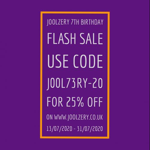 Joolzery 7th Birthday Sale Voucher Code, for handmade sterling silver chakra, healing and spiritual crystal jewellery